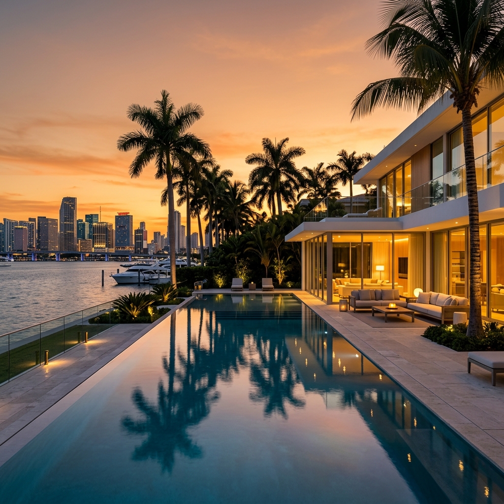 Miami contemporary waterfront estate sunset