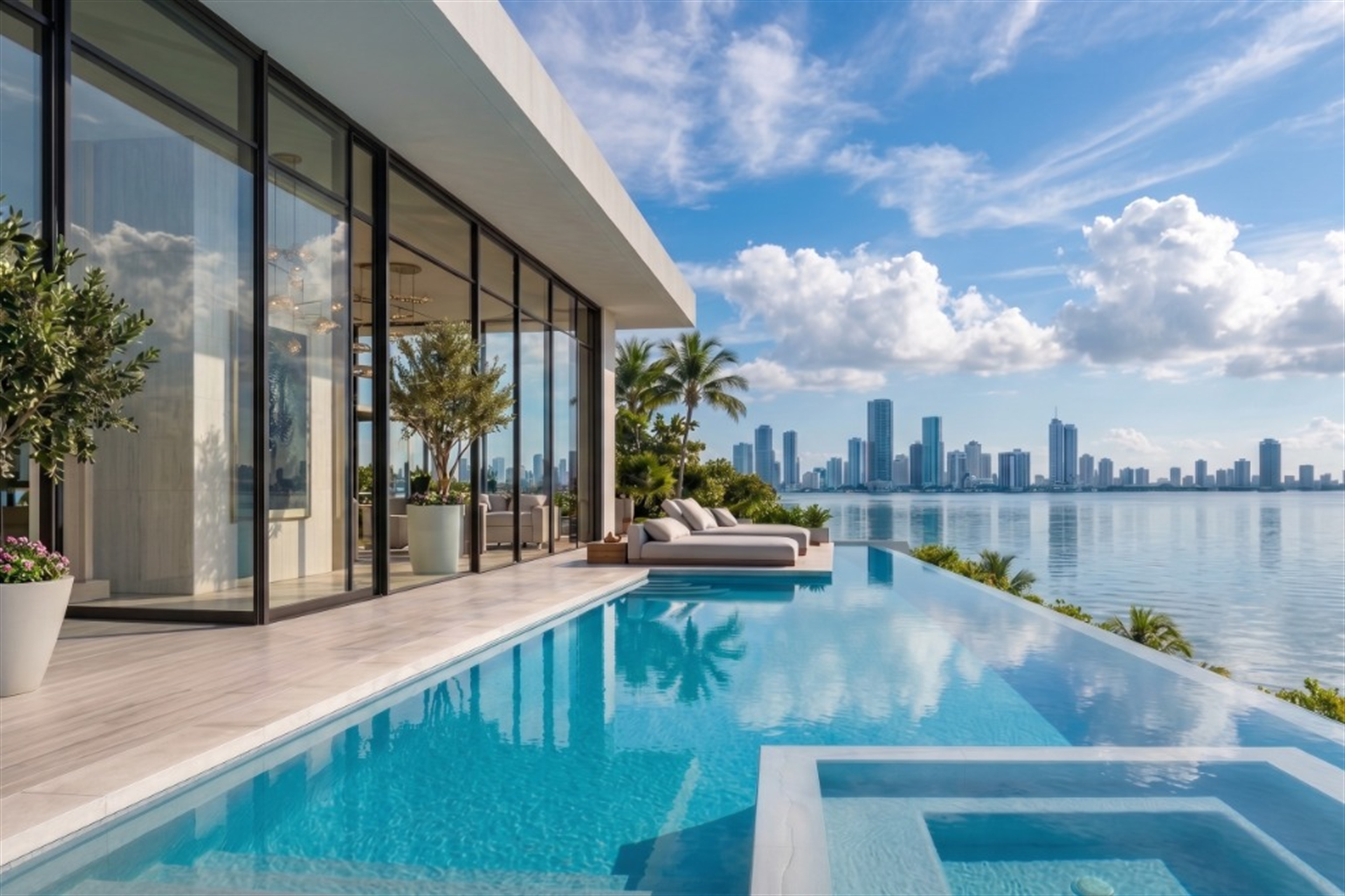 Miami luxury modern waterfront villa with infinity pool and skyline view
